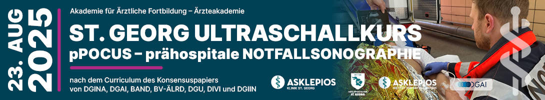 Header Banner für die Konferenz: pPOCUS – präklinische Notfallsonographie. Diese geht vom 23. August 2025 bis 23. August 2025 in Asklepios Klinik St. Georg | Georgie - Kongresse & Events, Haus W | Lohmühlenstraße 5, 20099 Hamburg.
