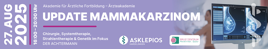 Header Banner für die Konferenz: Update Mammakarzinom. Diese geht vom 27. August 2025 bis 27. August 2025 in DER ACHTERMANN, Rosentorstraße 20, D-38640 Goslar.