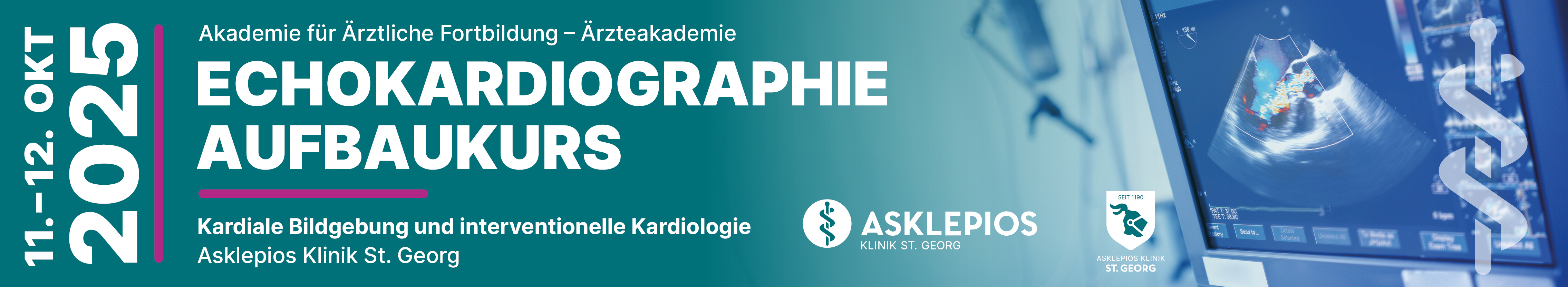 Header Banner für die Konferenz: Echokardiografie Aufbaukurs. Diese geht vom 11. Oktober 2025 bis 12. Oktober 2025 in Asklepios Klinik St. Georg, Haus J | Lohmühlenstraße 5, 20099 Hamburg.
