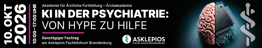 Header Banner für die Konferenz: KI in der Psychiatrie: Von Hype zu Hilfe. Diese geht vom 10. Oktober 2026 bis 10. Oktober 2026 in Brandenburg.