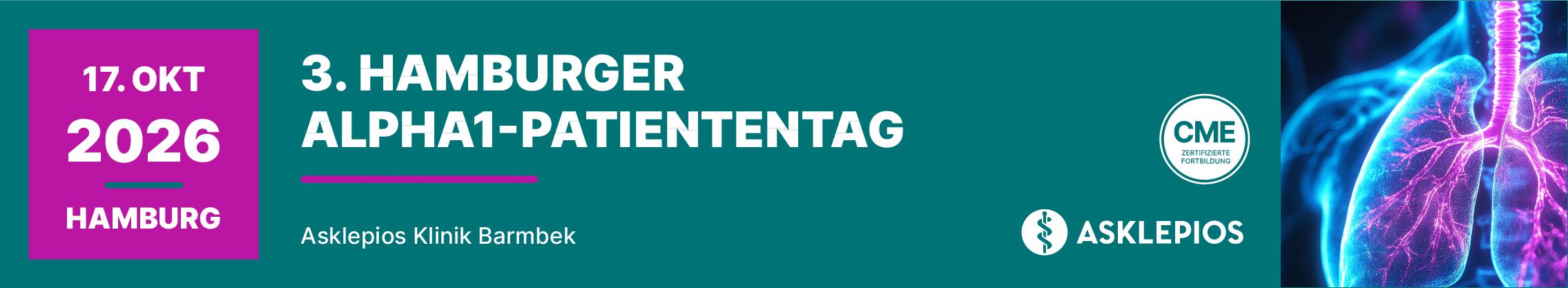 Header Banner für die Konferenz: 3. Hamburger Alpha1-Patiententag. Diese geht vom 17. Oktober 2026 bis 17. Oktober 2026 in Hamburg.