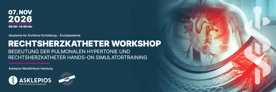 Header Banner für die Konferenz: Rechtsherzkatheter Workshop. Diese geht vom 7. November 2026 bis 7. November 2026 in Asklepios Westklinikum Hamburg, Haus 5a Seminarraum | Suurheid 20, 22559 Hamburg.