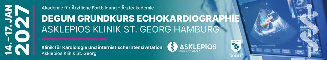 Header Banner für die Konferenz: St. Georg - Echokardiographie Grundkurs. Diese geht vom 14. Januar 2027 bis 17. Januar 2027 in Hamburg.