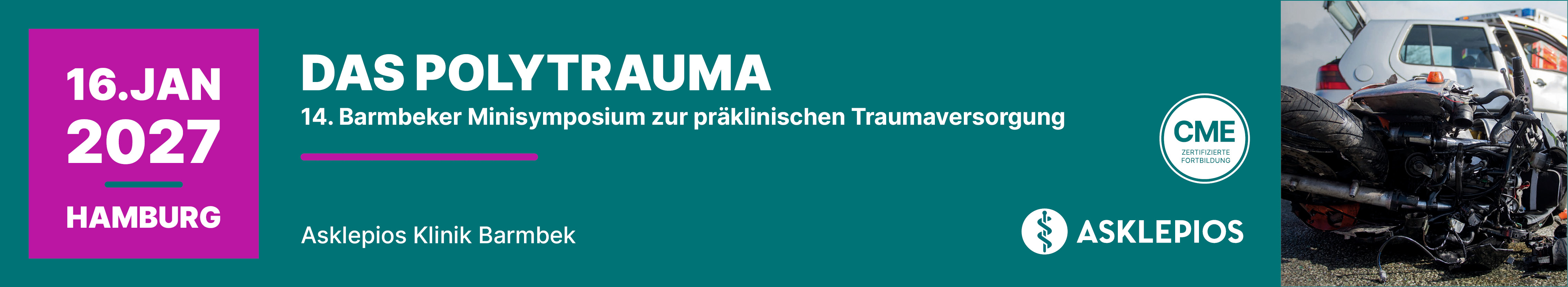 Header Banner für die Konferenz: Das Polytrauma - 14. Barmbeker Minisymposium zur präklinischen Traumaversorgung. Diese geht vom 16. Januar 2027 bis 16. Januar 2027 in Asklepios Klinik Barmbek, Seminarräume, Rübenkamp, 220 22307 Hamburg.
