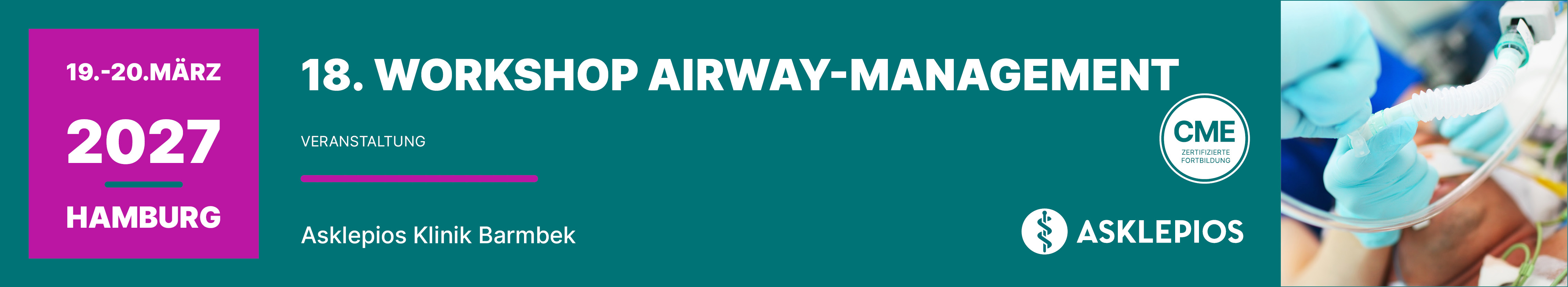 Header Banner für die Konferenz: 18. Workshop Airway-Management. Diese geht vom 19. März 2027 bis 20. März 2027 in Asklepios Klinik Barmbek, Seminarräume im EG, Rübenkamp 220, 22307 Hamburg.