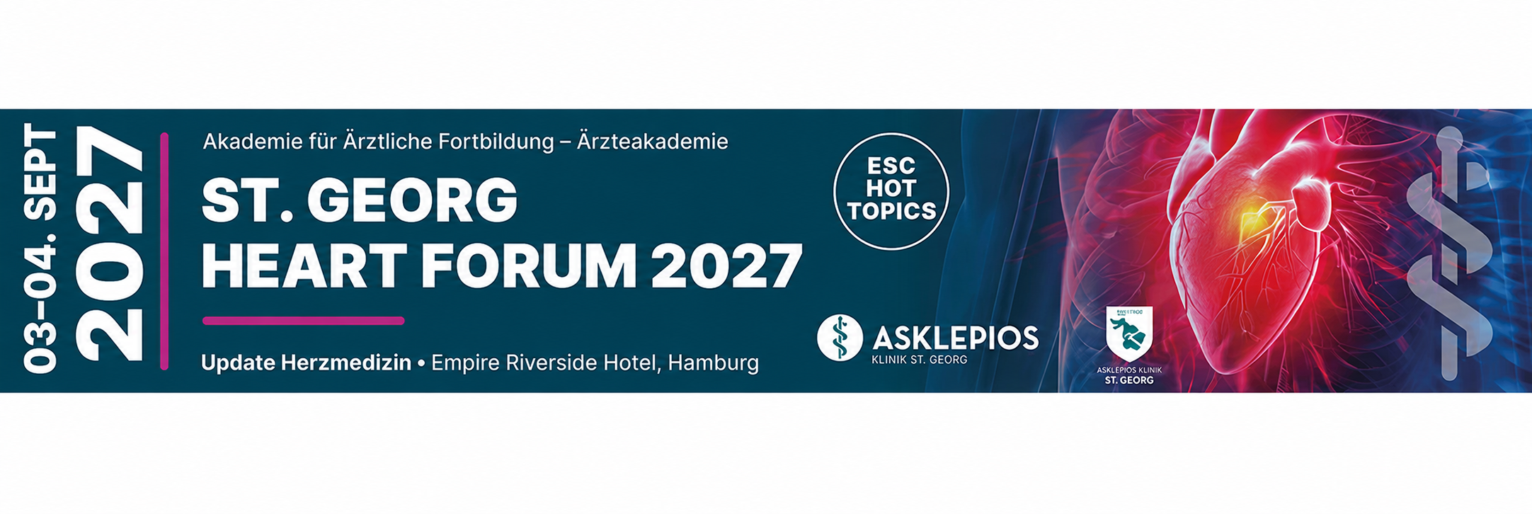 Header Banner für die Konferenz: St. Georg Heart Forum 2027. Diese geht vom 3. September 2027 bis 4. September 2027 in Hotel Empire Riverside • Bernhard-Nocht-Straße 97 • 20359 Hamburg.
